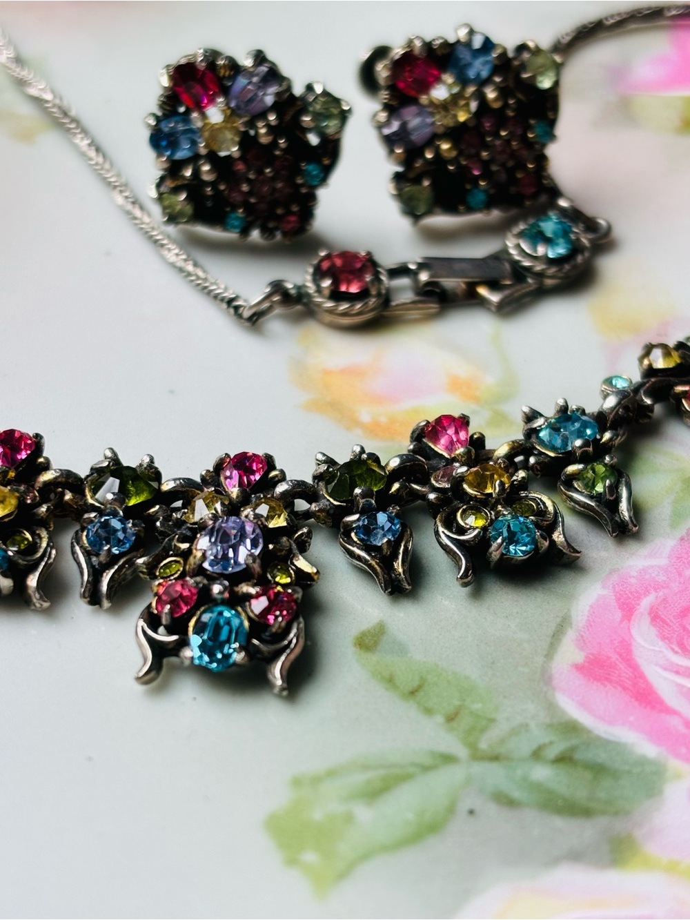Hollycraft Multicolor Crystal Necklace and Earrings Set